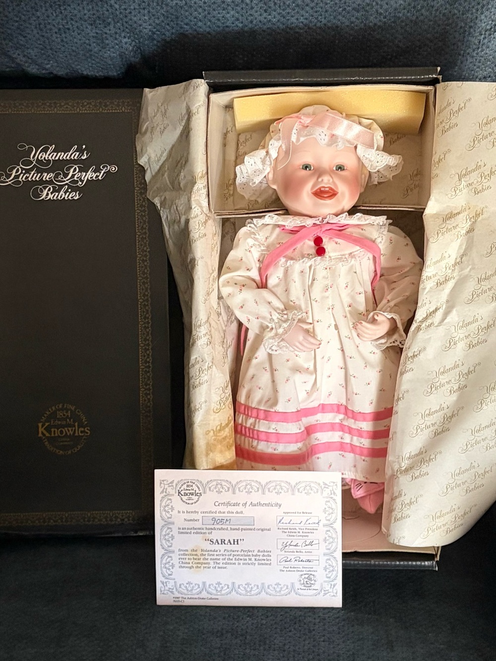 Knowles Pink and White Collectible Baby Doll 'Sarah' in Bonnet